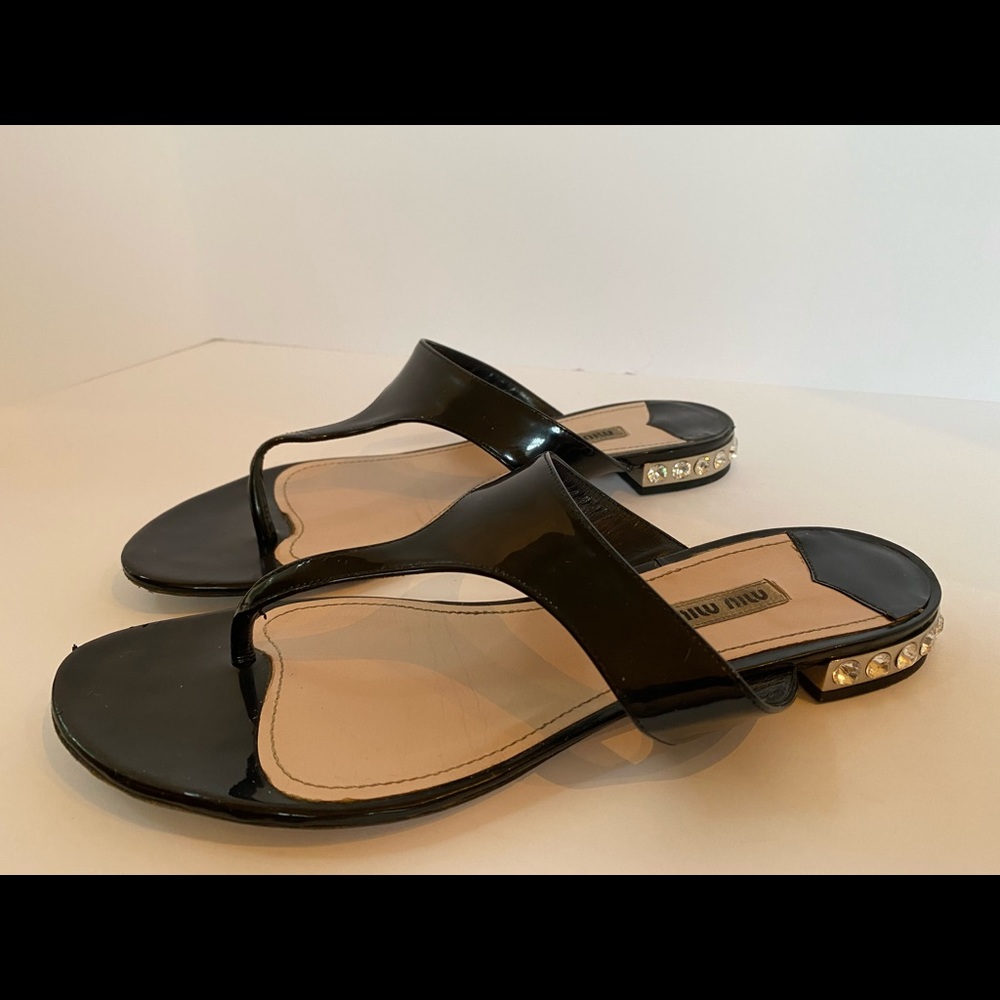 Miu Miu Black Patent Sandals with Crystal Heel